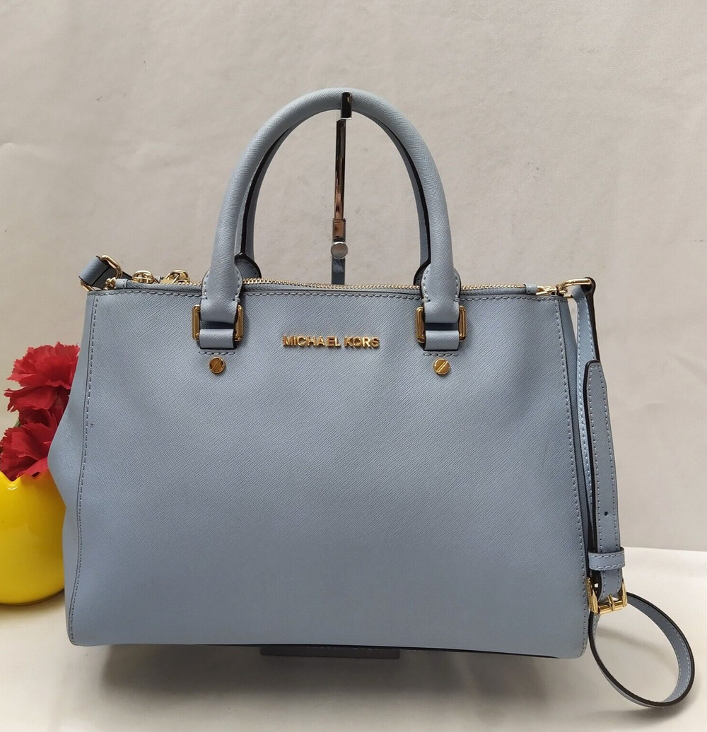 Michael Kors Blue Crossgrain Leather Carryall Double Handle Zipper Satchel Bag